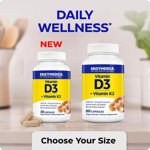 Miniatura 8 de Enzymedica Vitamina D3 K2, 5000 UI Vegan D3 + 90 mcg MK-7, suplemento a base de plantas con hongos shiitake y fibra prebiótica para apoyo óseo e