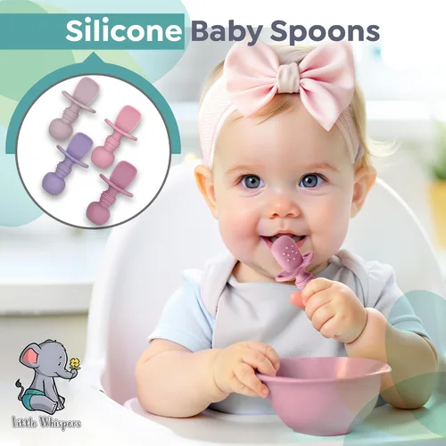 Miniatura 2 de LittleWhispers - Cucharas de silicona para bebés, autoservicio de 6 meses, utensilios aptos para bebés, niños pequeños y niños, primera etapa, Pinks