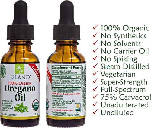 Miniatura 8 de Island Nutrition, Gotas líquidas orgánicas de aceite de orégano - 100% puro y sin diluir - Certificado orgánico por USDA (1 oz) 75% Carvacrol