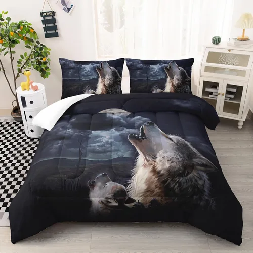Miniatura 26 de AILONEN Juego de edredón con cabeza de lobo impresa tamaño individual, juego de ropa de cama de lobo para la noche para niños y hombres, juego