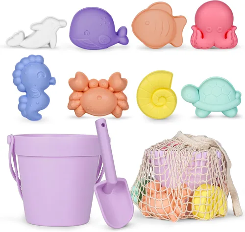 MarcZero 11 piezas de juguetes de playa de silicona, juguetes modernos de playa para bebés, juego de playa apto para viajes, juguete ecológico, cubo