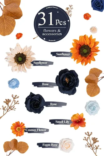 Miniatura 2 de TINGE TIME - Juego de flores artificiales color naranja quemado y azul marino para manualidades, ramos de boda, centros de mesa, arreglos, fiestas