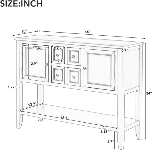 Miniatura 2 de Knocbel Mesa consola vintage de madera con 4 cajones de almacenamiento, 2 armarios y estante inferior, entrada, pasillo, mesa de vestíbulo, armario