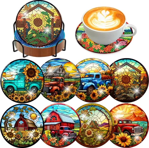 Miniatura 32 de Meothan Juego de 8 posavasos de arte de diamante para adultos con soporte, almohadillas de corcho, posavasos de arte de puntos de diamante de vidrio