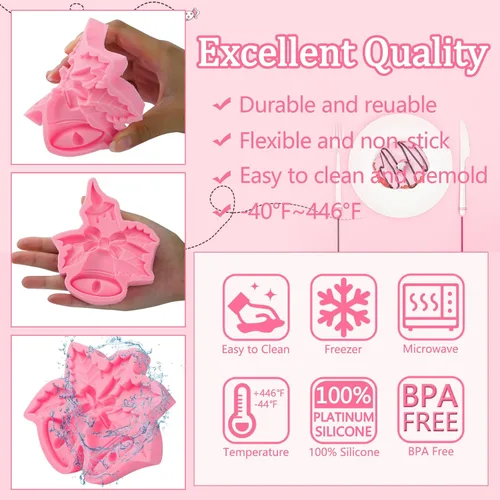 Miniatura 8 de Lujosos moldes grandes para fondant de campanas de Navidad, 3 piezas, hojas de acebo adornadas para decoración de pasteles, molde de silicona, P-115