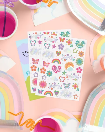 Miniatura 6 de xo, Fetti Tatuajes temporales Groovy Rainbow – 68 piezas de papel de aluminio iridiscente Accesorio de cumpleaños de los años 70, recuerdo