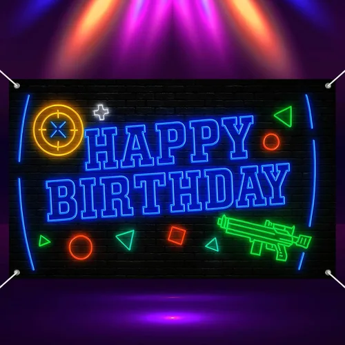 HOMETITUTE Cartel de feliz cumpleaños de 71 x 43 pulgadas con luz negra fluorescente para decoración de fondo de fiesta, controlador de juego azul y