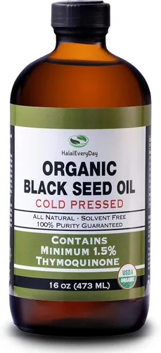 HalalEveryDay Aceite de semilla negra orgánico – Botella de vidrio prensado en frío certificado por USDA, más de 1.5 % de timoquinona turca, comino