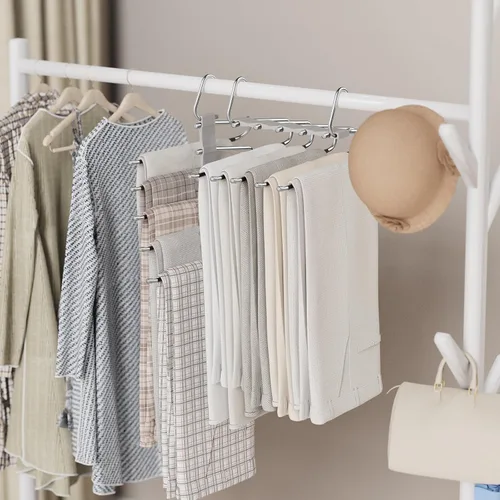 Miniatura 25 de Loretoy Paquete de 4 perchas para pantalones que ahorran espacio, estante multifuncional antideslizante para pantalones, tubo de acero inoxidable