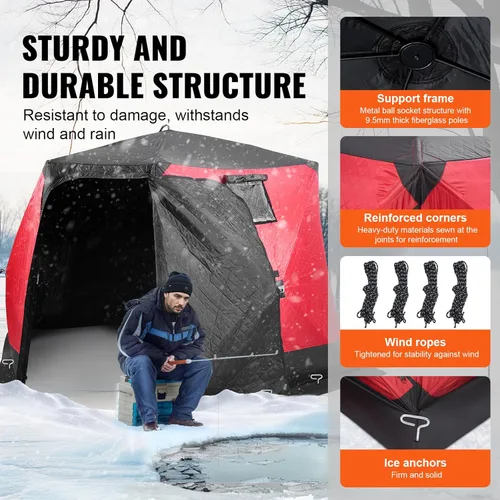 Miniatura 4 de VEVOR Portable Pop-Up Tent, 1-8 Person Insulated Shelter, Large Fishing Area, Hub-Style Shanty for Winter Fishing, Waterproof Oxford Ice Cube with