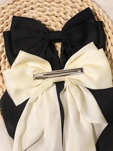 Miniatura 6 de Furling Pompoms Pinza para el Cabello Lazos para el Cabello, 2 piezas Lazos Grandes de Satén Beige/Negro para Mujeres y Niñas, Pasadores