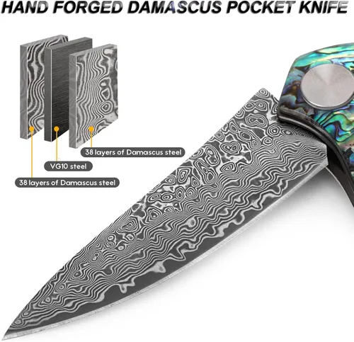 Miniatura 2 de Benkey - Navaja de bolsillo de acero de Damasco con funda de cuero con clip, cuchillo plegable con núcleo VG10 afilado, EDC con bloqueo