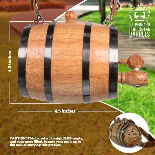 Miniatura 5 de St Bernard - Collar de barril de whisky para perro, 'M.U.T.T.' - Dispensador de barril de roble de 1/2 litro para perros San Bernardo con correa