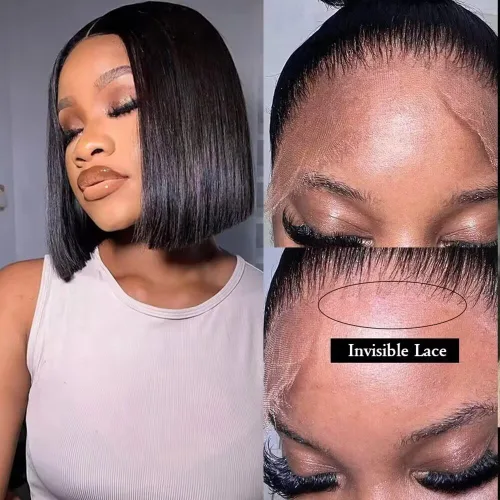 Miniatura 5 de Match All Skin Blunt Cut Bob Glueless Lace Wig Pre Plucked Natural Baby Hair Short Bob Bone Straight 13X4 HD Invisible Lace Wig Braizilian Human