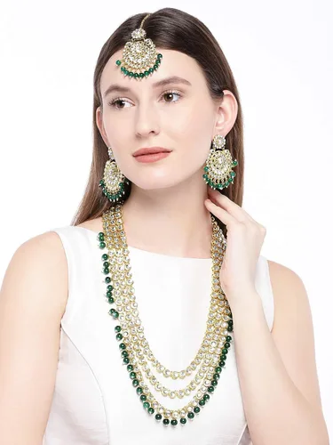 Miniatura 5 de Aheli Indian Ethnic Wedding Faux Kundan Beaded Bridal Long Necklace Earrings with Maang Tikka Traditional Jewellery Set for Women