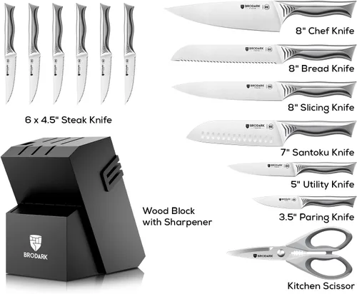 Miniatura 6 de BRODARK Juego de cuchillos de cocina con bloque, juego de 15 piezas con afilador integrado, juego de cuchillos de cocina de acero inoxidable de alto