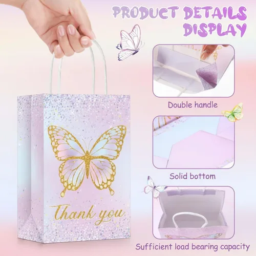 Miniatura 5 de TaoBary - 24 bolsas de regalo de mariposa con asas, regalo de mariposa con texto en inglés "Thank You for Fluttering by Treat", bolsas de regalo