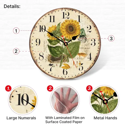 Miniatura 3 de TAHEAT Reloj de pared de girasol de verano de 8 pulgadas, relojes retro rústicos florales a pilas, reloj decorativo de madera fácil de leer