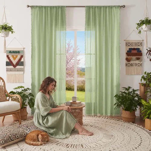 Miniatura 25 de WAZZIO Cortinas de Encaje, Cortina Boho de Crochet para Dormitorio, Cortinas de Café de Algodón, 45 Pulgadas de Largo, 2 Paneles con Bolsillo