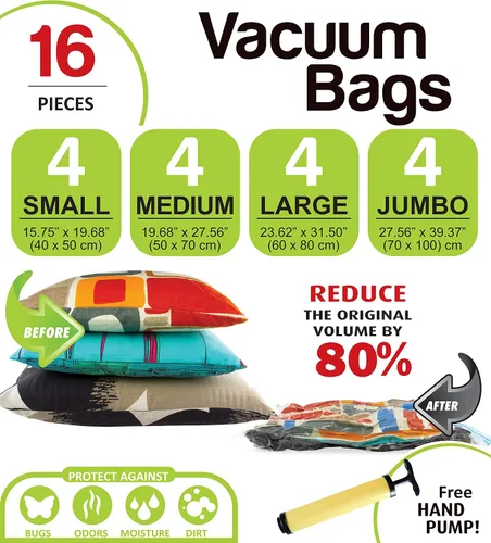 Miniatura 8 de Paquete de 16 bolsas de almacenamiento al vacío que ahorran espacio con bomba de mano, 4 jumbo, 4, grandes, 4, medianas, 4 pequeñas bolsas