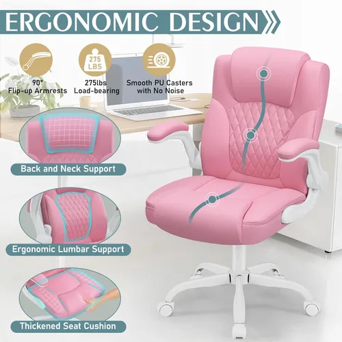 Miniatura 6 de Silla de cuero PU con soporte ergonómico lumbar, gira 360°, pequeña, ruedas, reposabrazos ajustables, para gente chaparra, para escritorio, Rosa