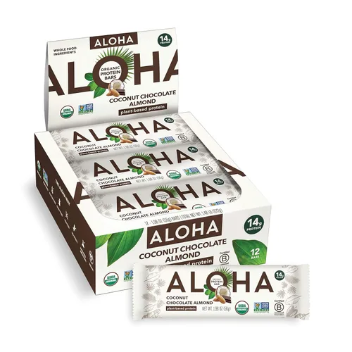 ALOHA Barras de proteínas orgánicas a base de plantas, almendras y chocolate de coco, 12 unidades, barras de 1.98 onzas, veganas, bajas en azúcar,