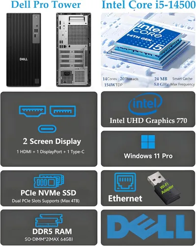 Miniatura 2 de Dell Pro Tower PC Computadora de escritorio empresarial, 14ª generación Intel 14-Core i5-14500 vPro, 16 GB DDR5 RAM, 512 GB PCIe SSD, RJ-45, HDMI