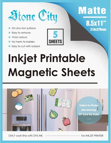 Stone City Hojas Magnéticas Imprimibles de 8.5 x 11 pulgadas, 5 hojas de papel magnético mate para impresora de inyección de tinta, papel de