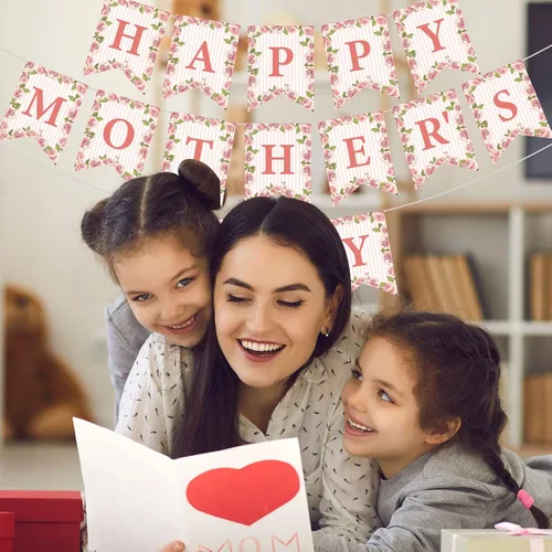 Miniatura 6 de Whaline Juego de 3 pancartas para el Día de la Madre, con texto en inglés «Happy Mother's Day» con cola de pez, guirnalda floral rosa premontada