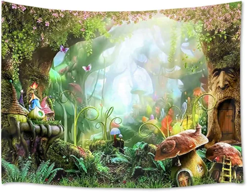 Miniatura 14 de HVEST Tapiz de bosque de cuento de hadas para colgar en la pared, estanque de lirios de agua, árboles mágicos, casas en el país de los sueños, tapiz