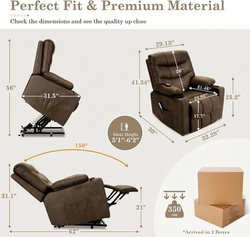 Miniatura 2 de Silla reclinable eléctrica con elevación para adultos mayores, sillón reclinable con masaje y calor lumbar, silla reclinable de 150° con portavasos