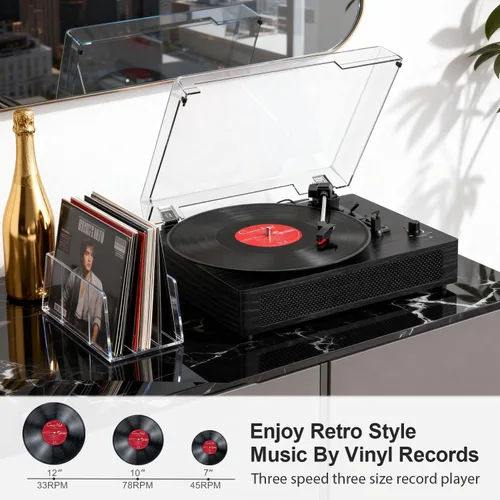 Miniatura 7 de Tocadiscos de vinilo con Bluetooth y altavoces estéreo integrados, tocadiscos vintage de 3 velocidades con parada automática, salida RCA y entrada