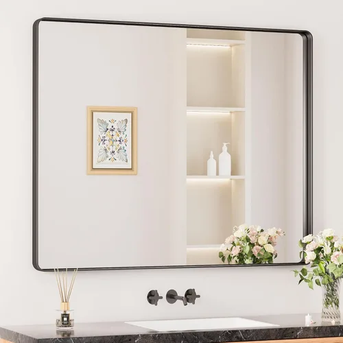 Miniatura 11 de Keonjinn Espejos de baño negros para sobre el fregadero, espejos cuadrados grandes de 36 x 36 pulgadas para pared, espejo rectangular redondeado