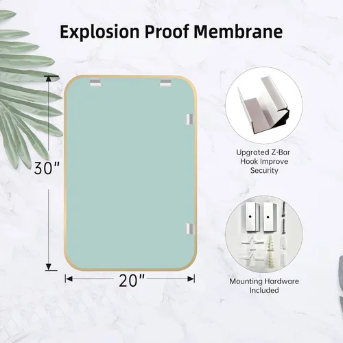 Miniatura 5 de Espejo de oro francés cepillado de 20 x 30 pulgadas para pared, espejo rectangular redondeado dorado con marco de metal para colgar para baño