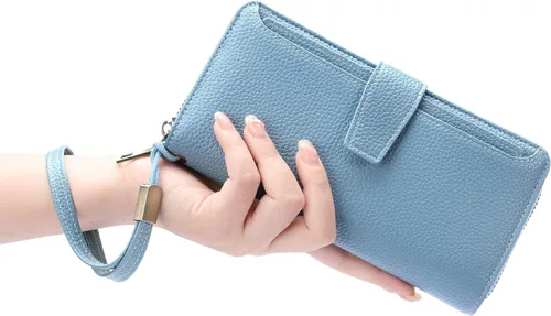 Miniatura 7 de GOIACII Cartera para mujer, de gran capacidad, con bloqueo RFID, para teléfono, tarjetero de embrague, cartera larga de viaje, color azul