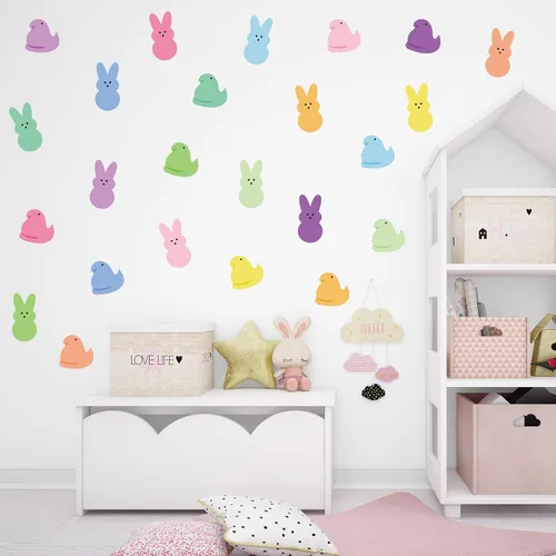 Miniatura 4 de Calcomanías de pared de conejo de Pascua – 8 calcomanías de Peeps en total 48 piezas coloridas y bonitas pinturas de vinilo transparente estético