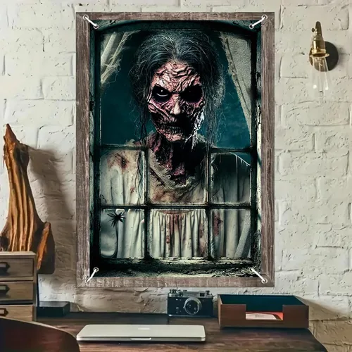 Miniatura 9 de BlissYard Pancarta para ventana de Halloween de 31 x 47 pulgadas, diseño de casa embrujada, fantasma, ventana, espíritu espeluznante, decoración