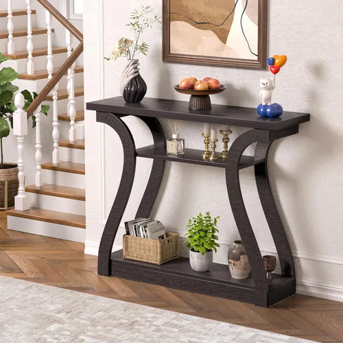 Miniatura 8 de Mesa consola de madera con patas curvadas y estante, mesa de sofá moderna de 3 niveles para zona de entrada, sala de estar, pasillo, 47 pulgadas