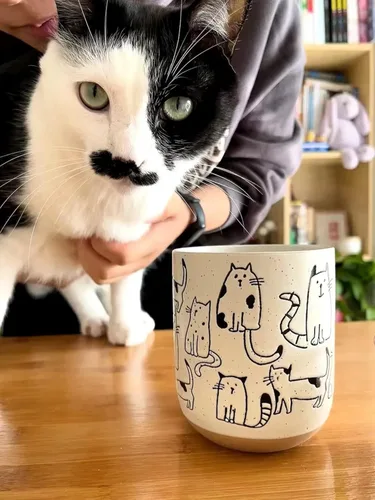 Miniatura 2 de Taza de cerámica con gatos de dibujos animados en blanco y gris con asa, taza de café de 550ml/18.6oz. Linda, divertida y novedosa taza vintage