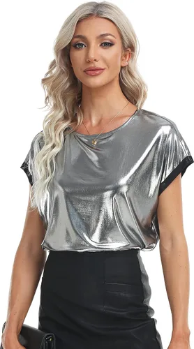 Miniatura 3 de MISS MOLY Camisetas brillantes de manga corta con cuello redondo holográfico metálico brillante para mujer