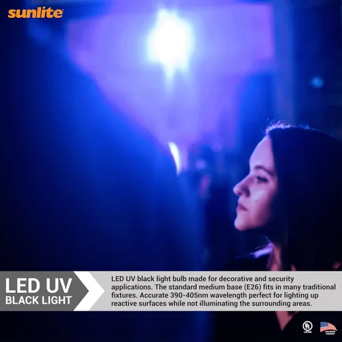 Miniatura 4 de Sunlite Foco UV LED A19 de luz negra, 7 W (equivalente a 60 W), base E26 media, no regulable, longitud de onda de 390-405 nm, ideal para decoración