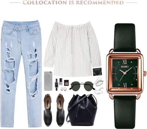 Miniatura 7 de SKMEI - Reloj de pulsera para mujer, de piel, rectangular, elegante, para mujer, Classic, Verde-D