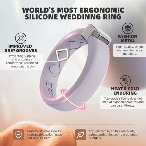 Miniatura 12 de Egnaro - Anillo de boda de silicona para mujer, diseño ergonómico y transpirable, ancho de 0.15 pulgadas, bandas de silicona flexibles con placa