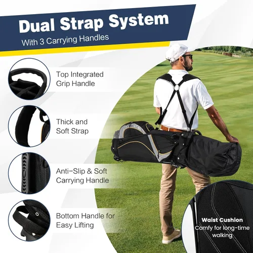 Miniatura 6 de Bolsa de golf con soporte Goplus, bolsa para palos de golf con divisores superiores de 8 vías, bolsa con enfriador, 7 bolsillos con cremallera