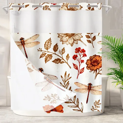 Miniatura 12 de Batmerry Cortina de ducha decorativa botánica con hojas blancas, flores románticas, borde victoriano, libélula y flores silvestres, bonita y ancha