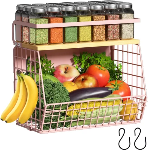 Miniatura 18 de Juego de 2 estantes magnéticos para refrigerador con tapa de madera, contenedores de almacenamiento de papas y cebollas, organizadores y Negro