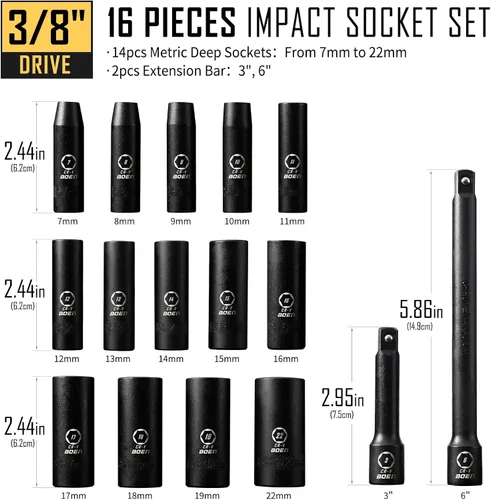 Miniatura 3 de BOEN Juego de 19 piezas, incluye juego de llaves métricas de impacto profundo de 3/8 pulgadas, 1/4 pulgadas, 3/8 pulgadas, 1/2 pulgadas, juego