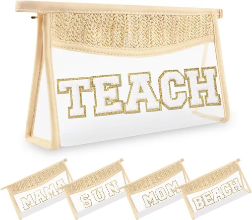Miniatura 8 de Pequeñas bolsas de maquillaje transparentes de paja bohemia para mujeres y niñas, bolsa de cosméticos con cremallera de chenilla, bolsa de parche