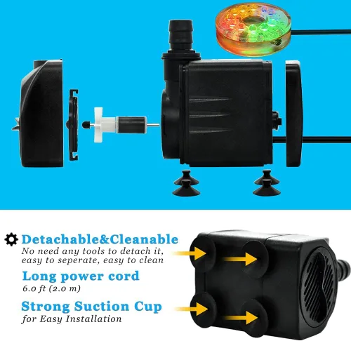 Miniatura 4 de PULACO Bomba de fuente pequeña de 160 GPH, bomba sumergible de 10 vatios con luz LED automática que cambia de color y tubo de 3.3 pies
