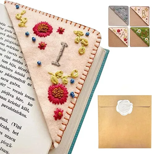 Miniatura 71 de Marcapáginas de esquina bordado a mano personalizado, 26 letras con costura a mano de fieltro, marcapáginas de esquina con bordado de flores lindo